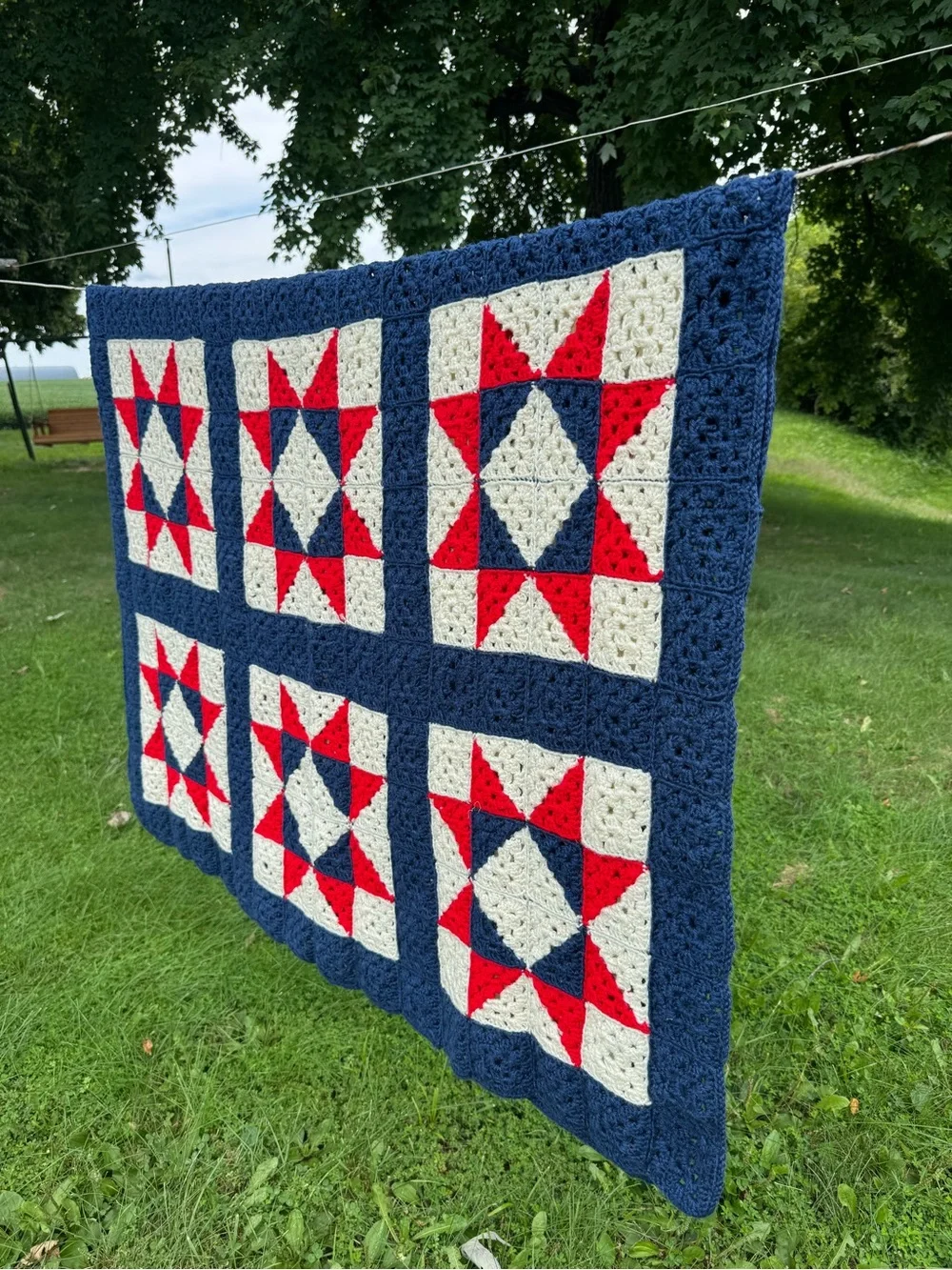 Patriotic Crochet Afghan Quilt 46”x66” Granny Square July 4th Red White Blue